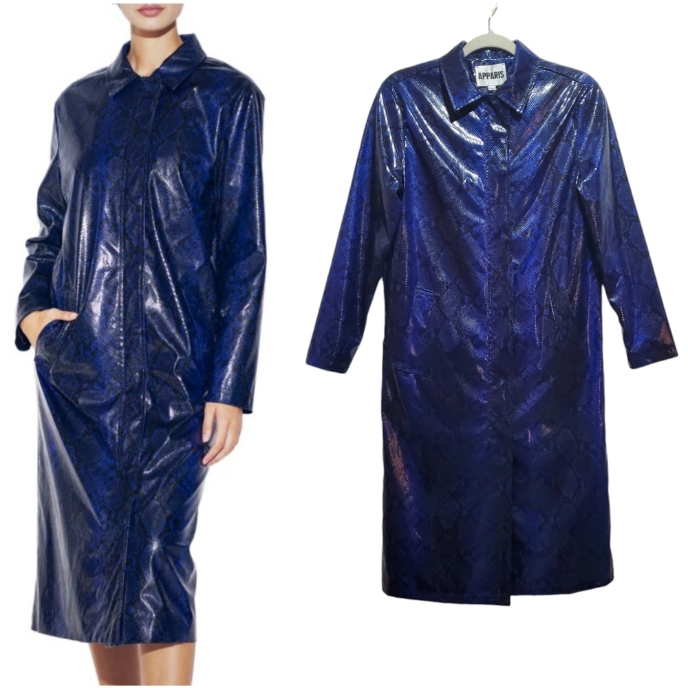 Apparis Cassaundra Coated Vegan Python Duster Trench Coat Size XS Blue